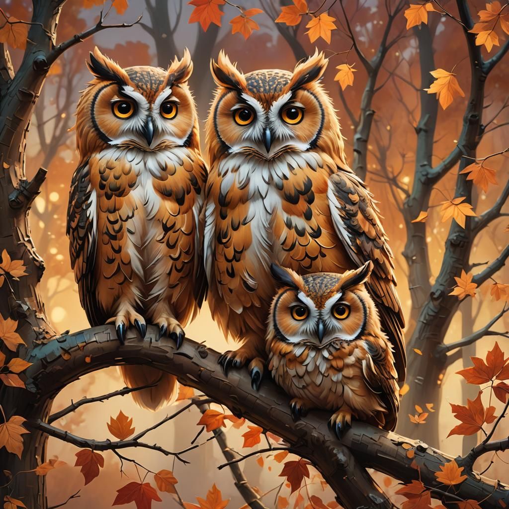 Whimsical Autumn Owls in Golden Light
