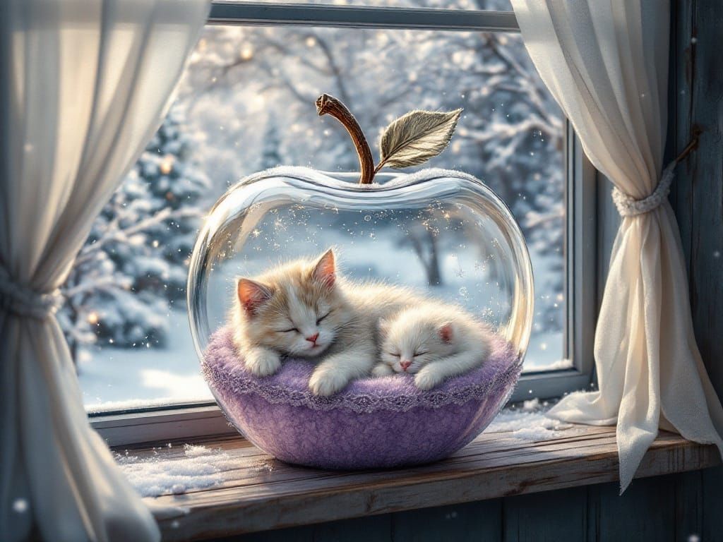 Translucent Glass Apple with Sleeping Feline Family