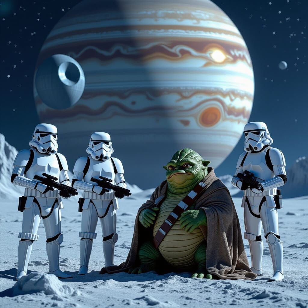 Stormtroopers, Jabba, and Han Solo on Callisto with Jupiter