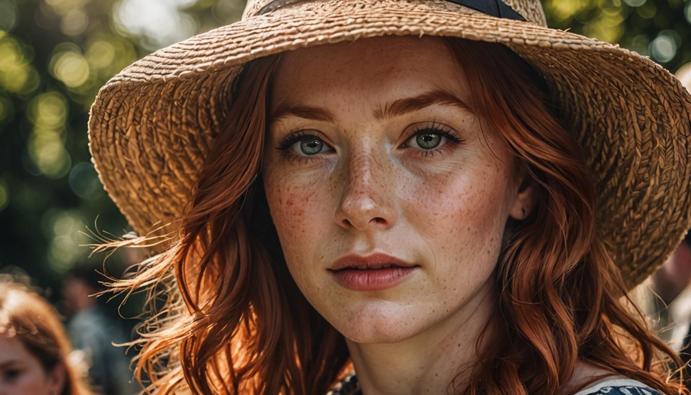 Beautiful Red-Haired Woman in Sunlight, Hyperrealistic Style