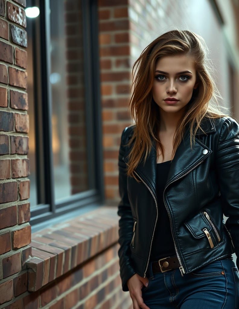 Beautiful Woman in Leather Jacket at Night