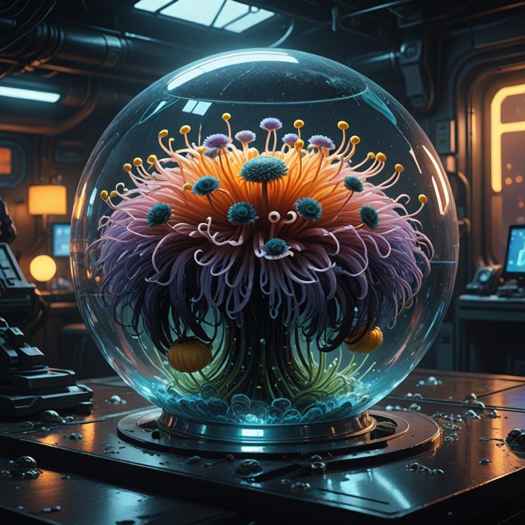 Whimsical Sea Anemones in a Glass Vessel, Hyper-Realistic Ma...