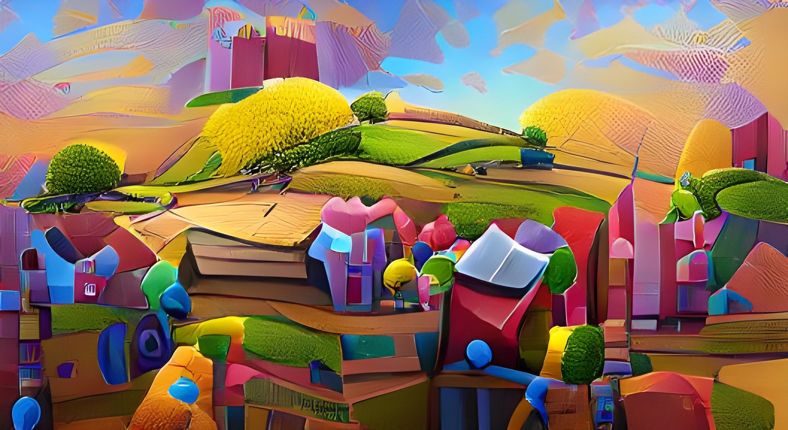 City and Farmland in Colorful Casein Painting