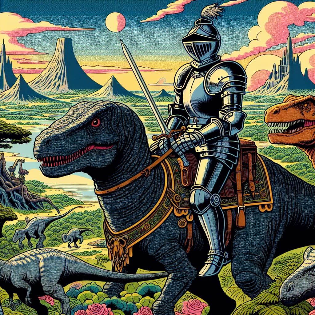 Knights Riding Dinosaurs in Cartoon Style