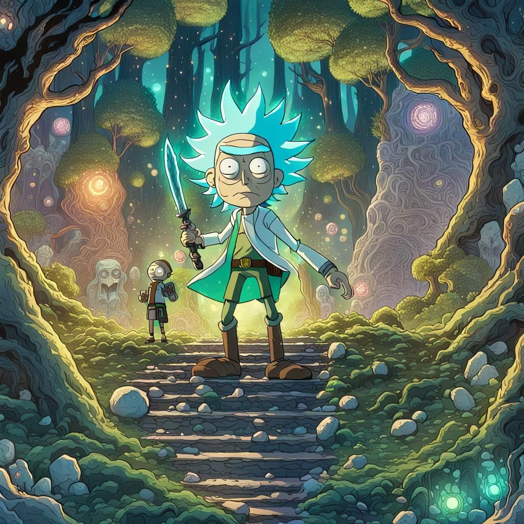 Warrior Rick and Morty in Magical Space Forest