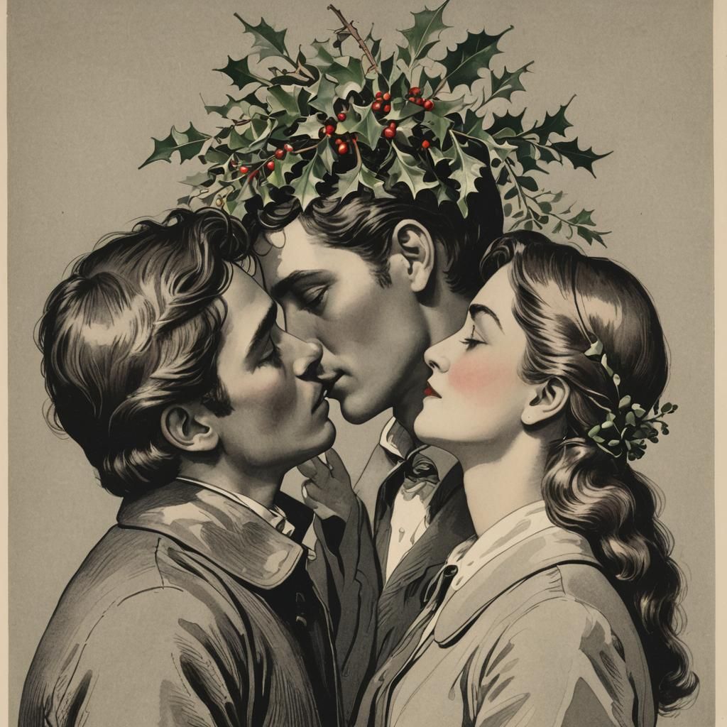 Romantic Winter Kiss Under Mistletoe