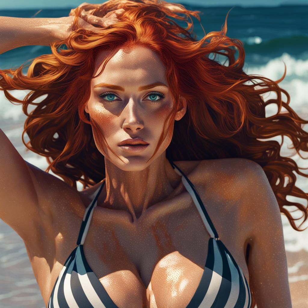 Striking Redhead Portrait in Wave, Hyperdetailed Concept Art