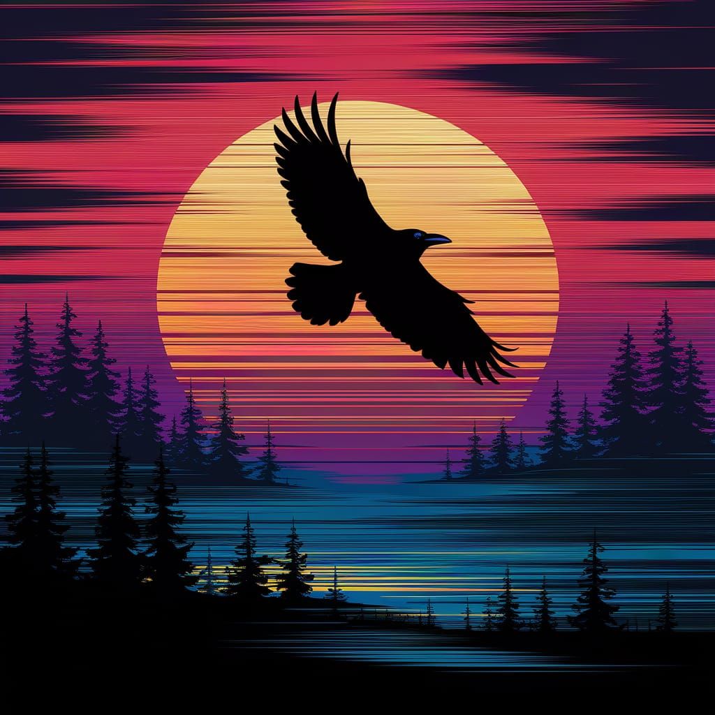 Striped Sunset Sky with Raven in Flight