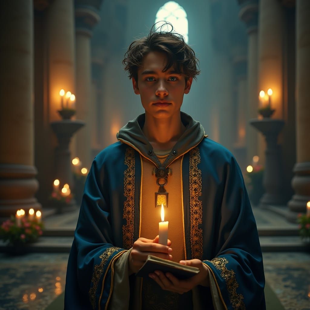 Young Acolyte in Temple with Candlelight and Runes