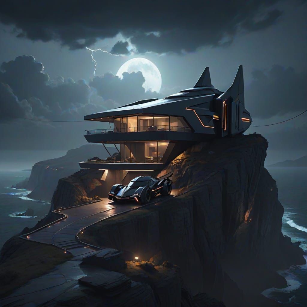 Futuristic Batmobile House on Cliff in Stormy Sci-Fi Style