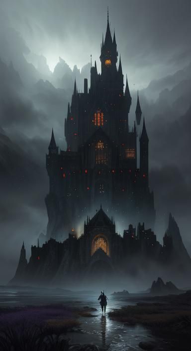 Dark Fantasy Castle in Rainstorm, Detailed Digital Art