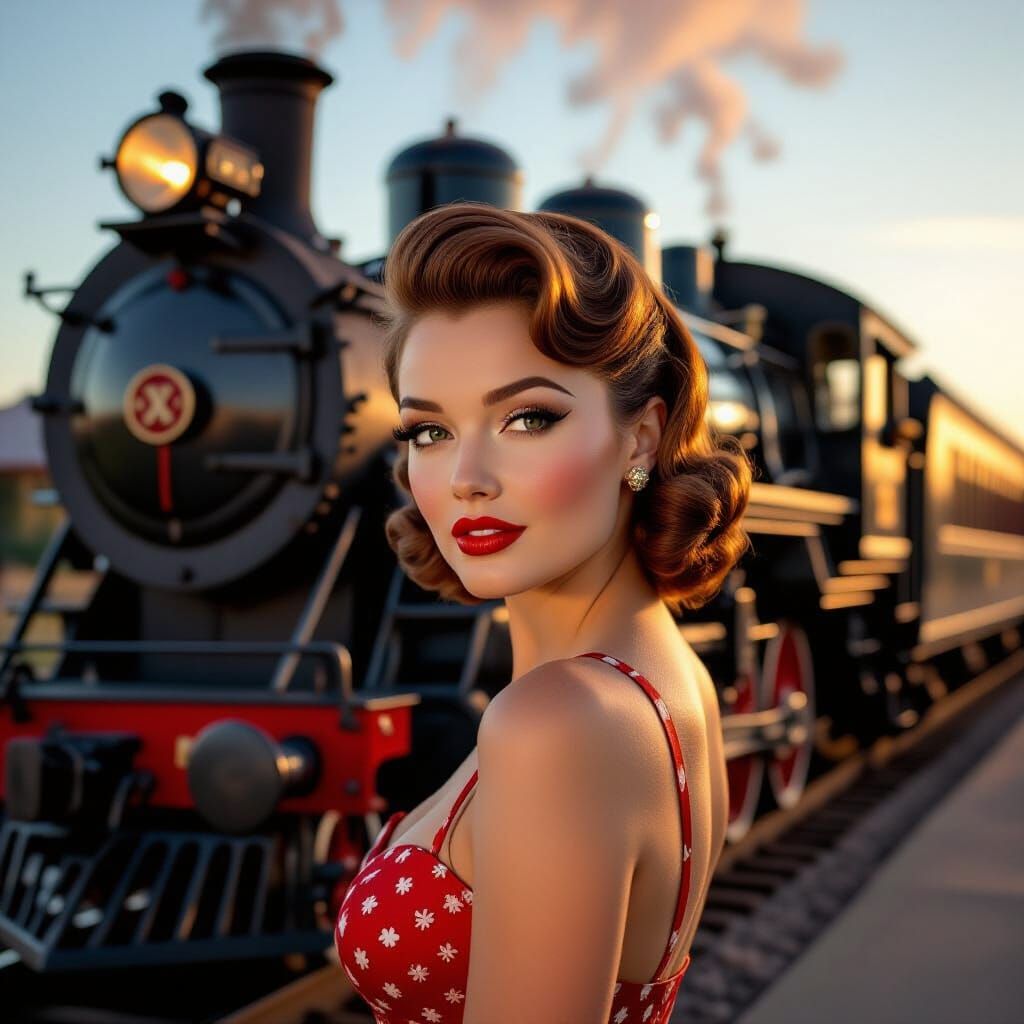 Vintage Pinup Model Poses by Steam Train