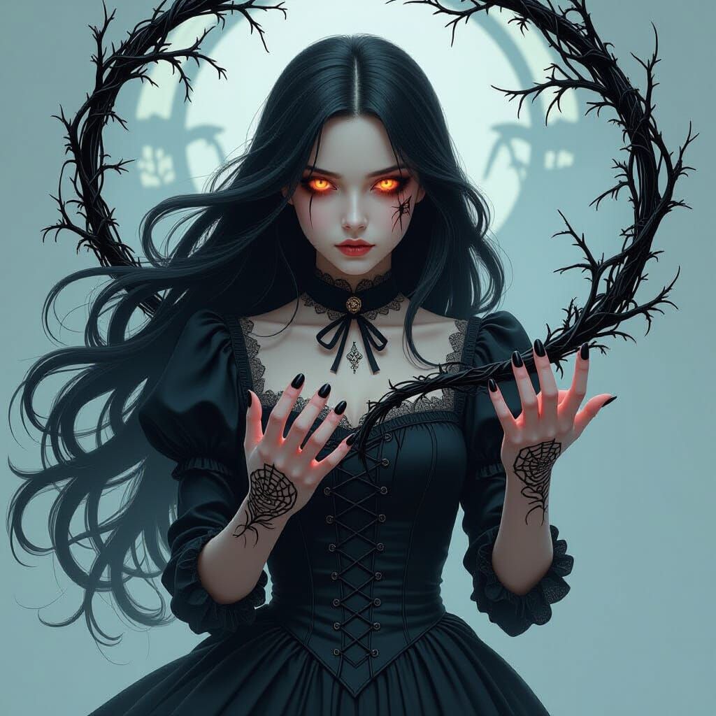 Victorian Girl Engulfed in Dark Magic with Eerie Glow