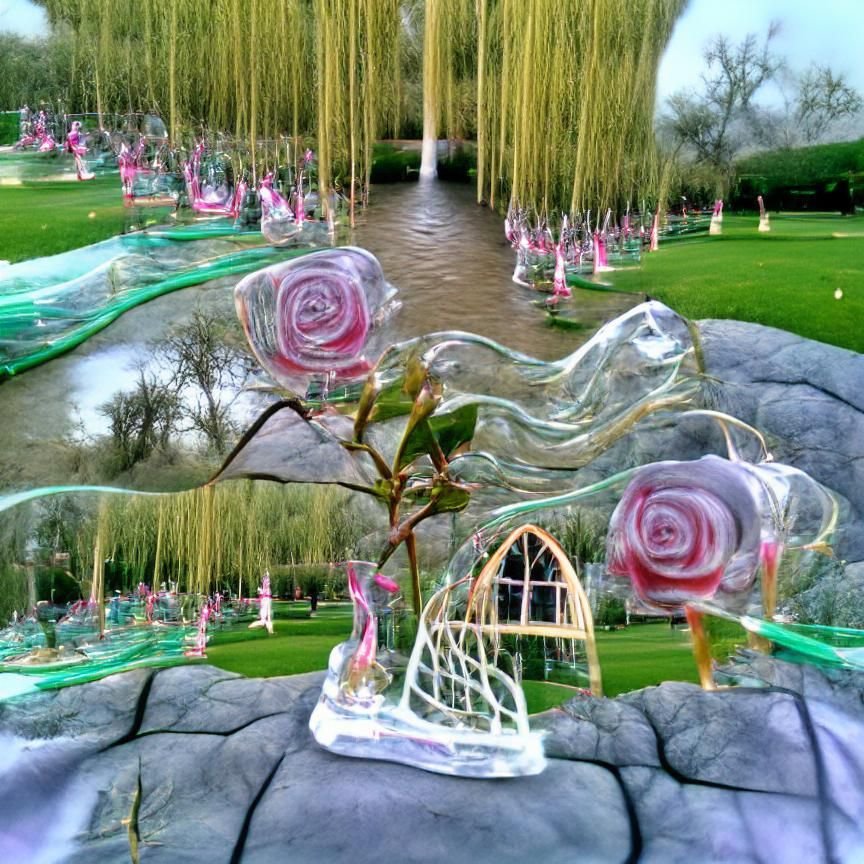 Enchanted Glass Rose Garden with Willow Trees