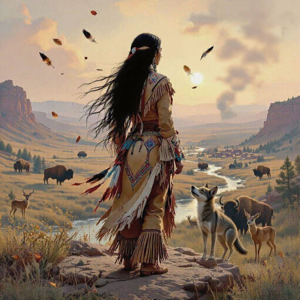 Native American Princess Overlooking Valley at Dawn