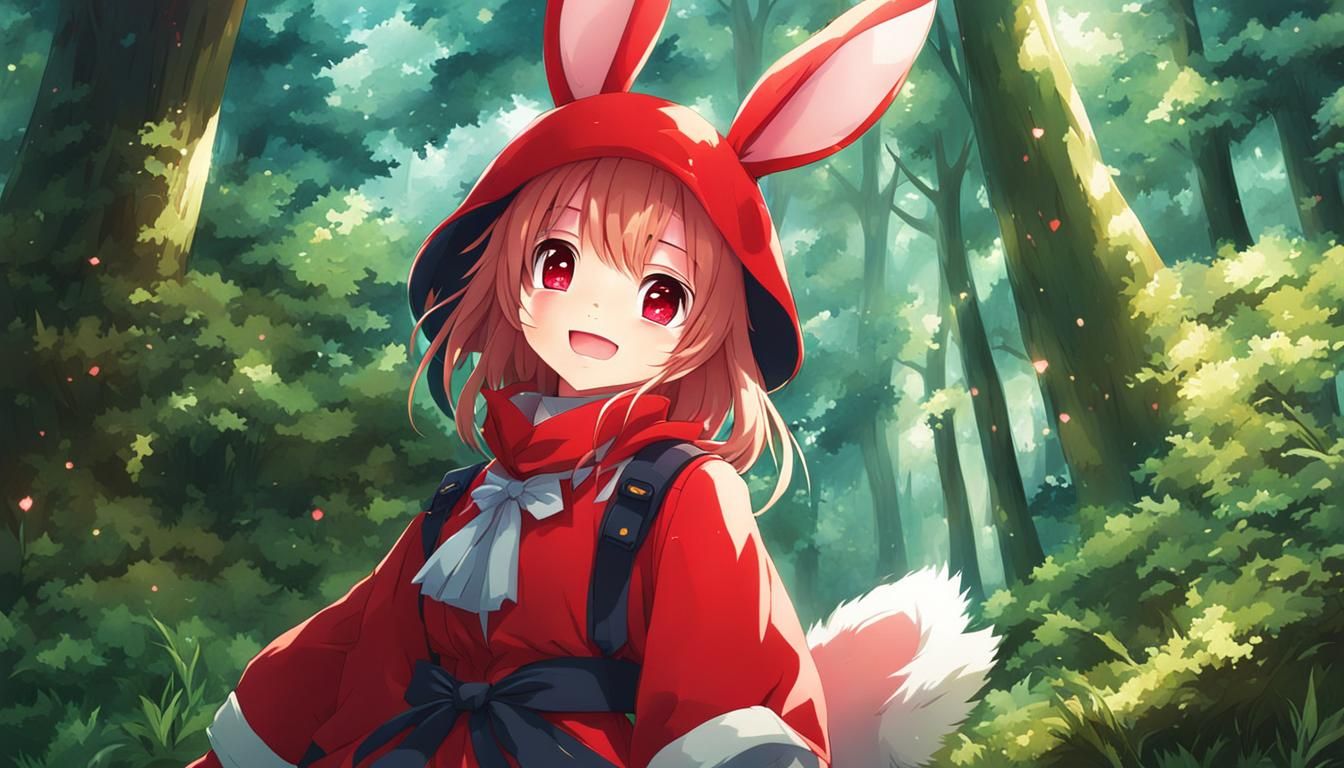 Red Bunny in Forest Landscape: Anime Style
