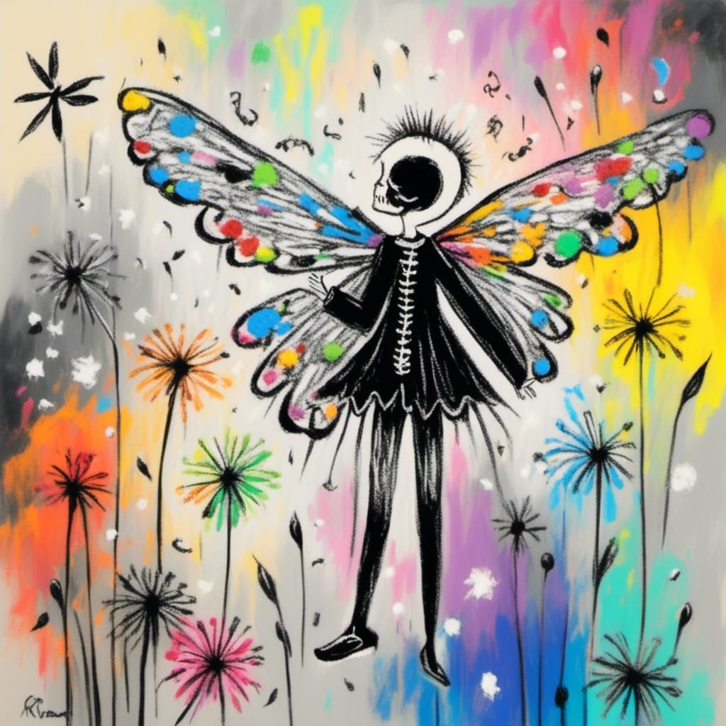 <lora:Pastel Wings:1.0> Sugar Skulls    in a Million Dandelion dreamscape,  making wishes  , Picasso's integrated flowin...