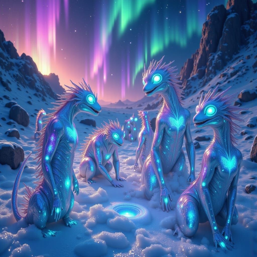 Whimsical Bioluminescent Aliens in Snowy Aurora Landscape