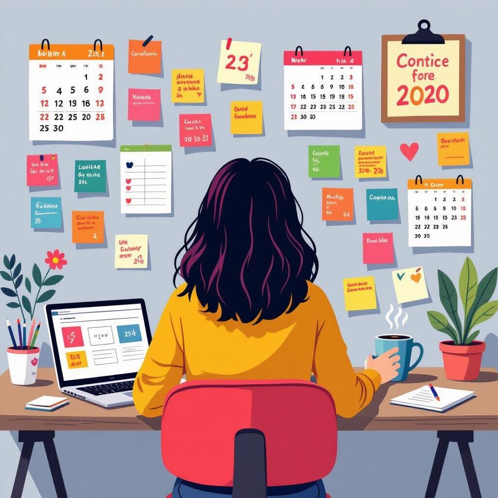 Whimsical Illustration of Woman Planning at Desk