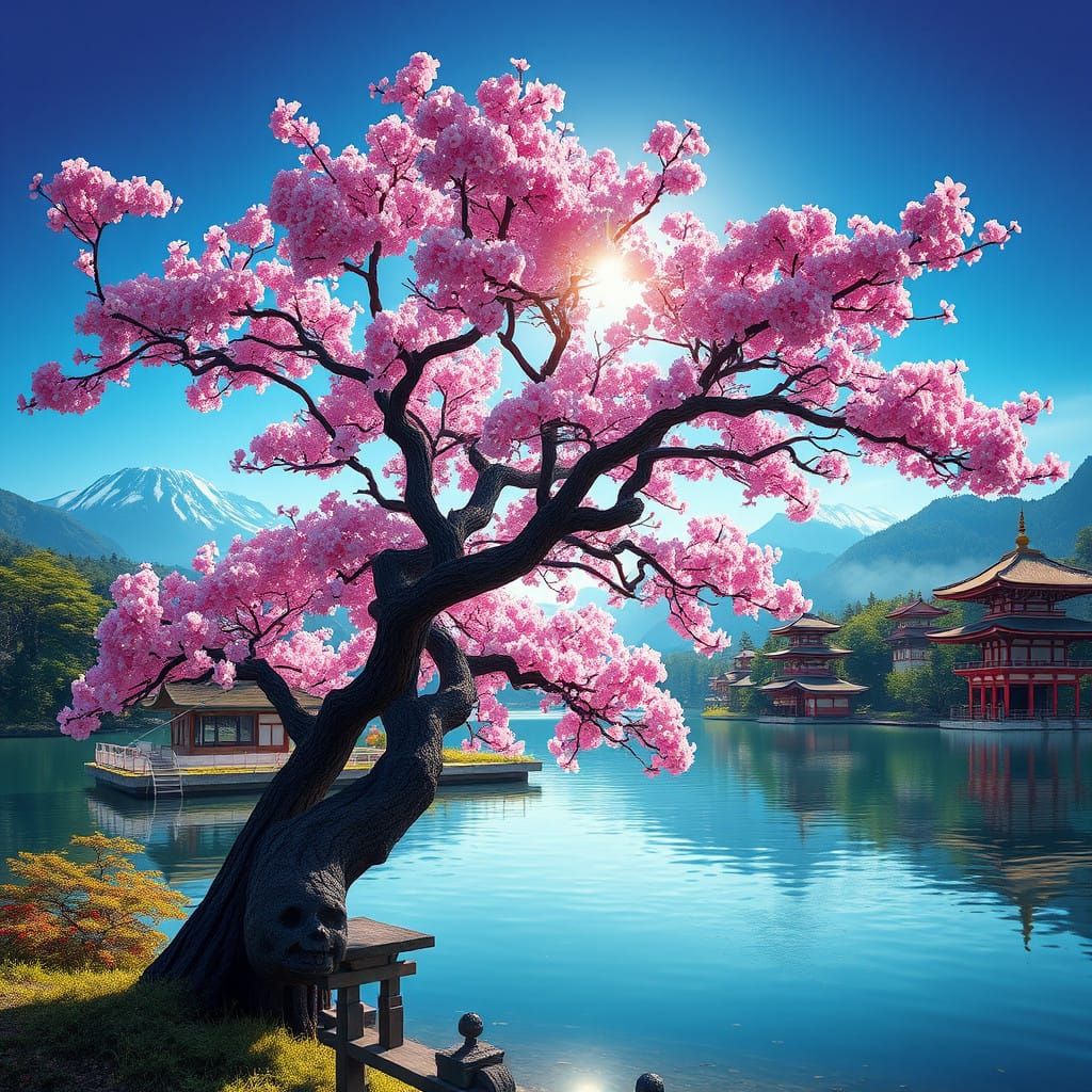 Surreal Sakura Tree Blooms in Front of a Japanese Lake Lands...