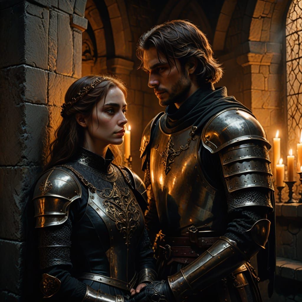 Brooding Knight with Lady in Dark Castle Oil Painting