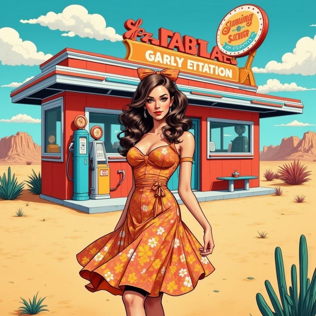 Rockabilly Siren at a Retro Gas Station