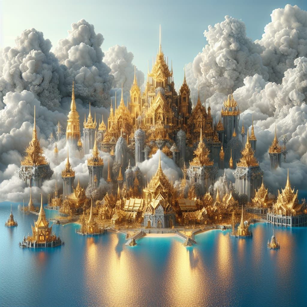 Ethereal City of Gold Rises Above Blue Lake