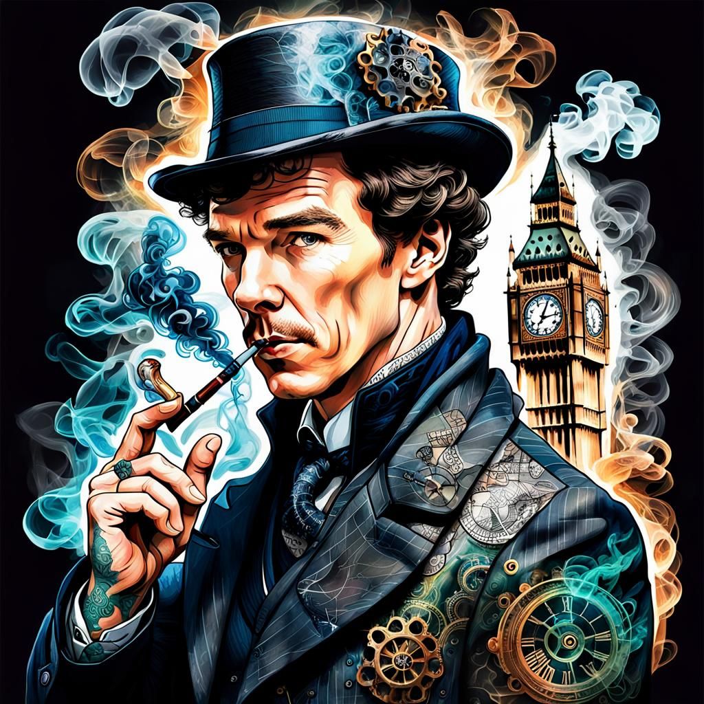 Sherlock Holmes Portrait with Steampunk and Tattoo Elements