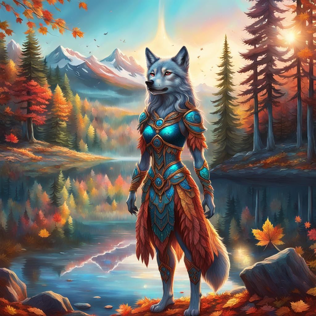 Anthro Wolf Woman in Autumn Forest Illustration