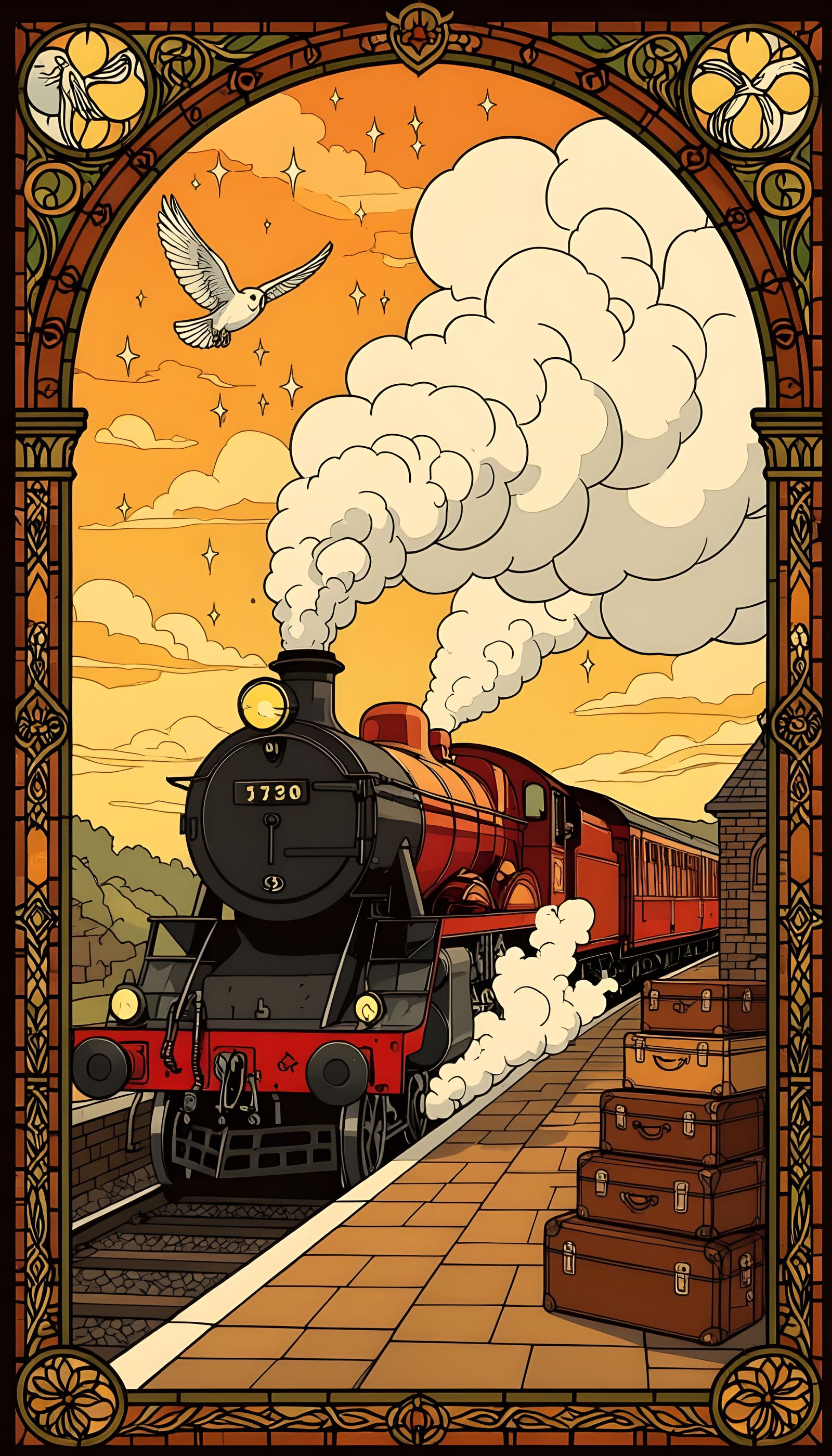 Magical Red Steam Train in Stained Glass Style
