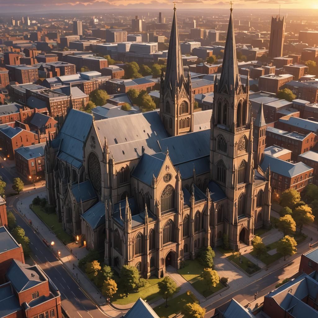 Salford Cathedral Sunset in Anime Style