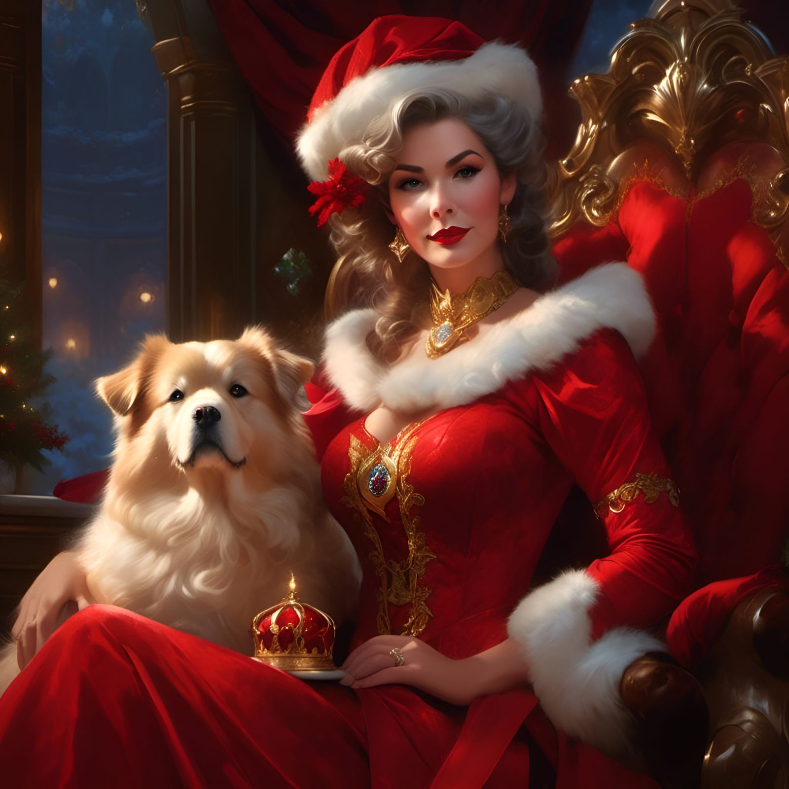Mrs. Claus and Dog Portrait in Illustrative Style