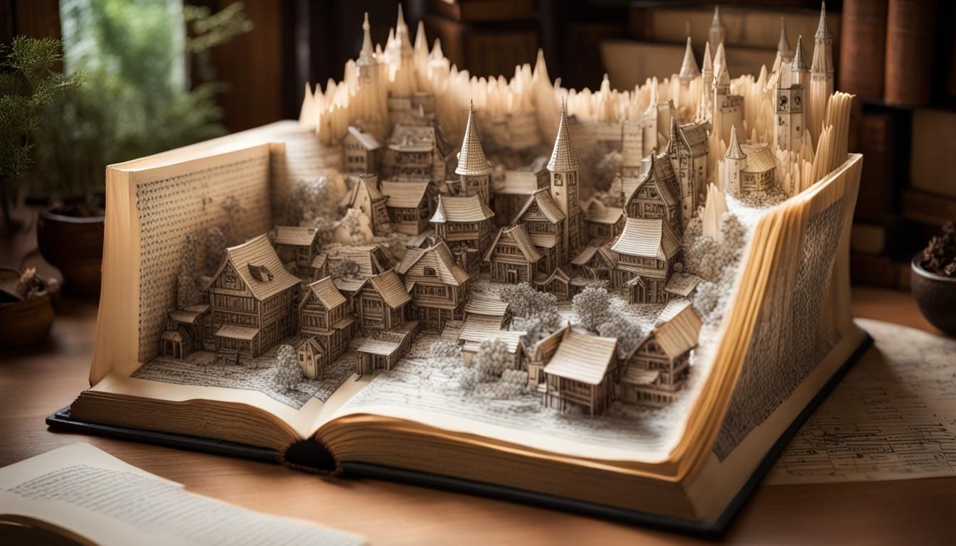 Fairy Village Engraved in Antique Book Pages