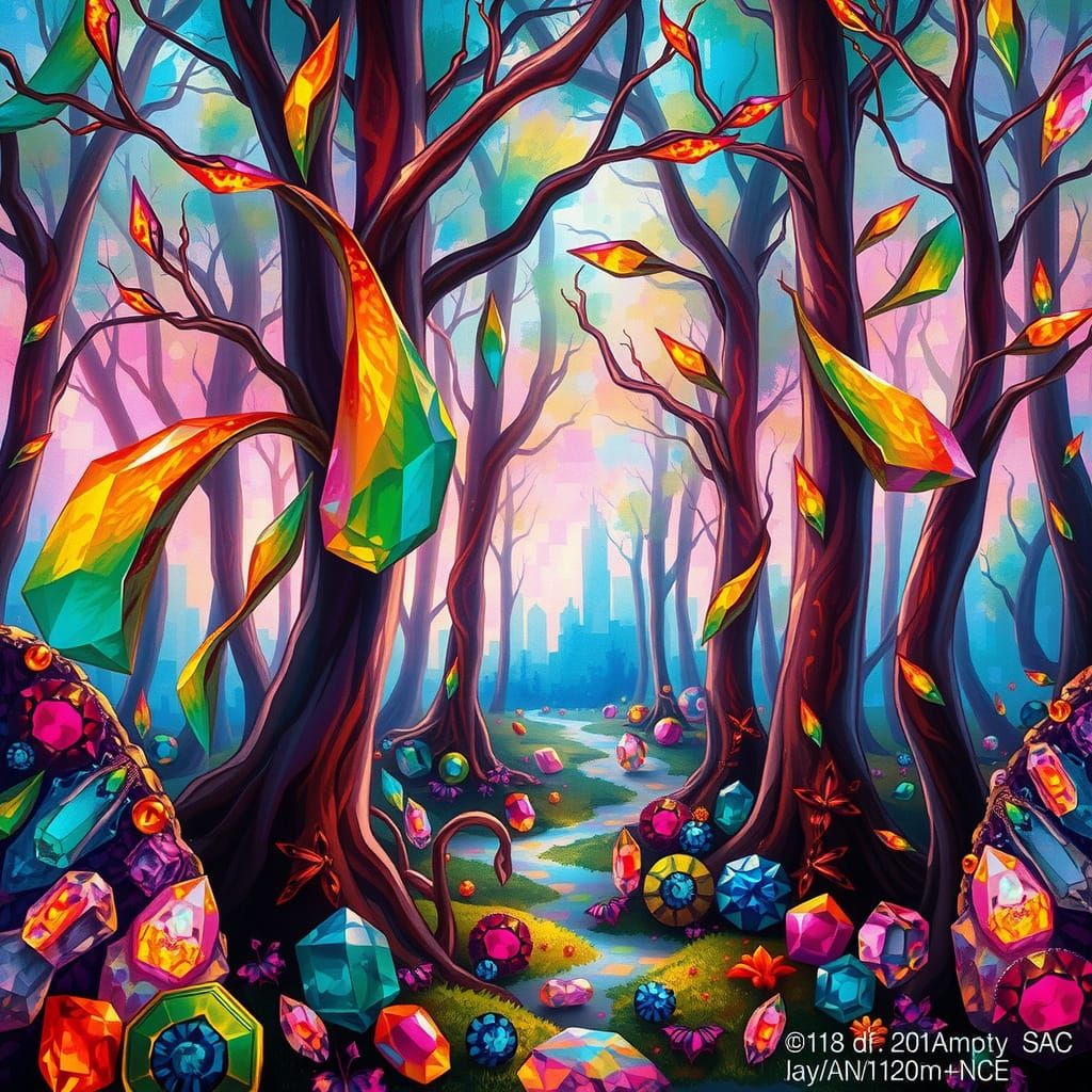 Gemstone Forest in Surrealist Art Nouveau Style