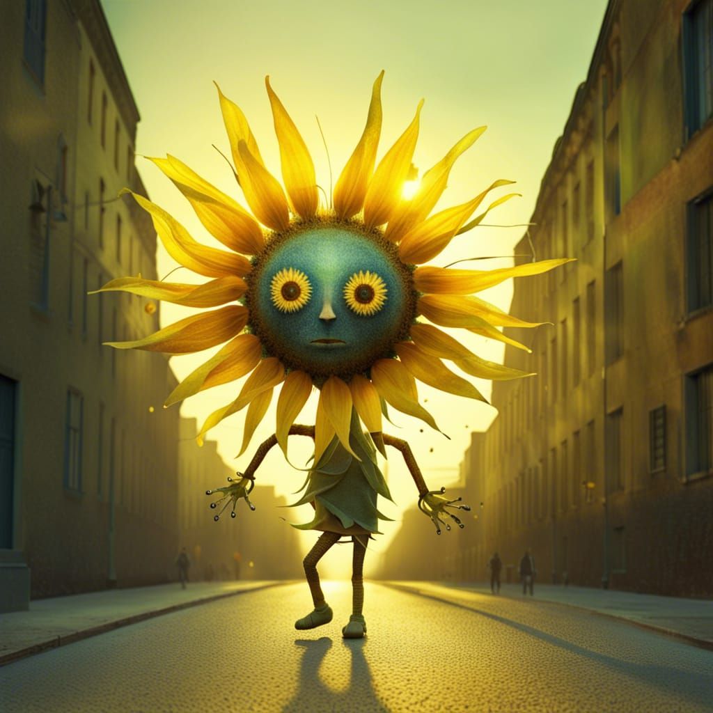 Anthropomorphic Sunflower Walking Down the Street