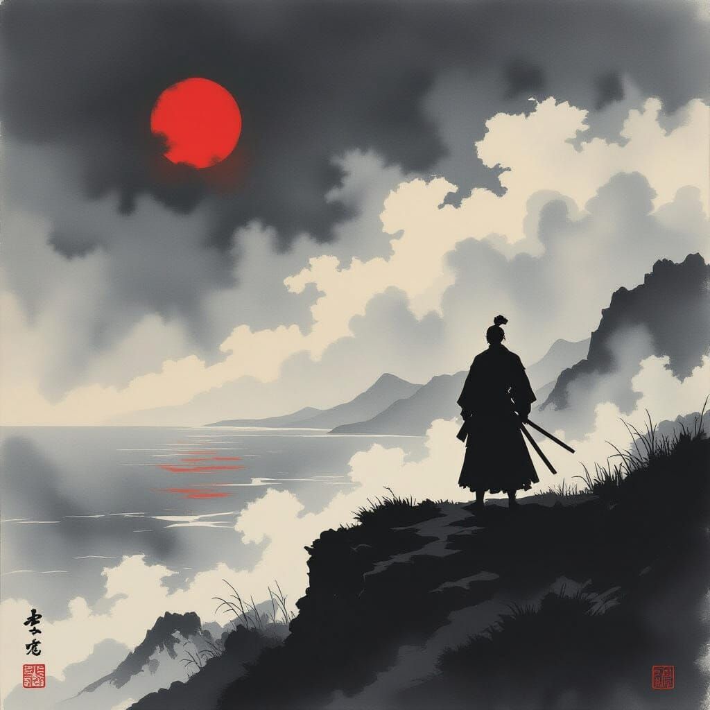 Samurai Warrior on Cliff Overlooking Stormy Ink Sea