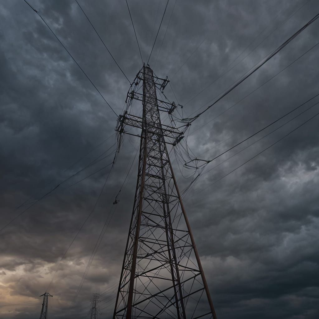 Barren Landscape: Rusting Transmission Tower Under Storm