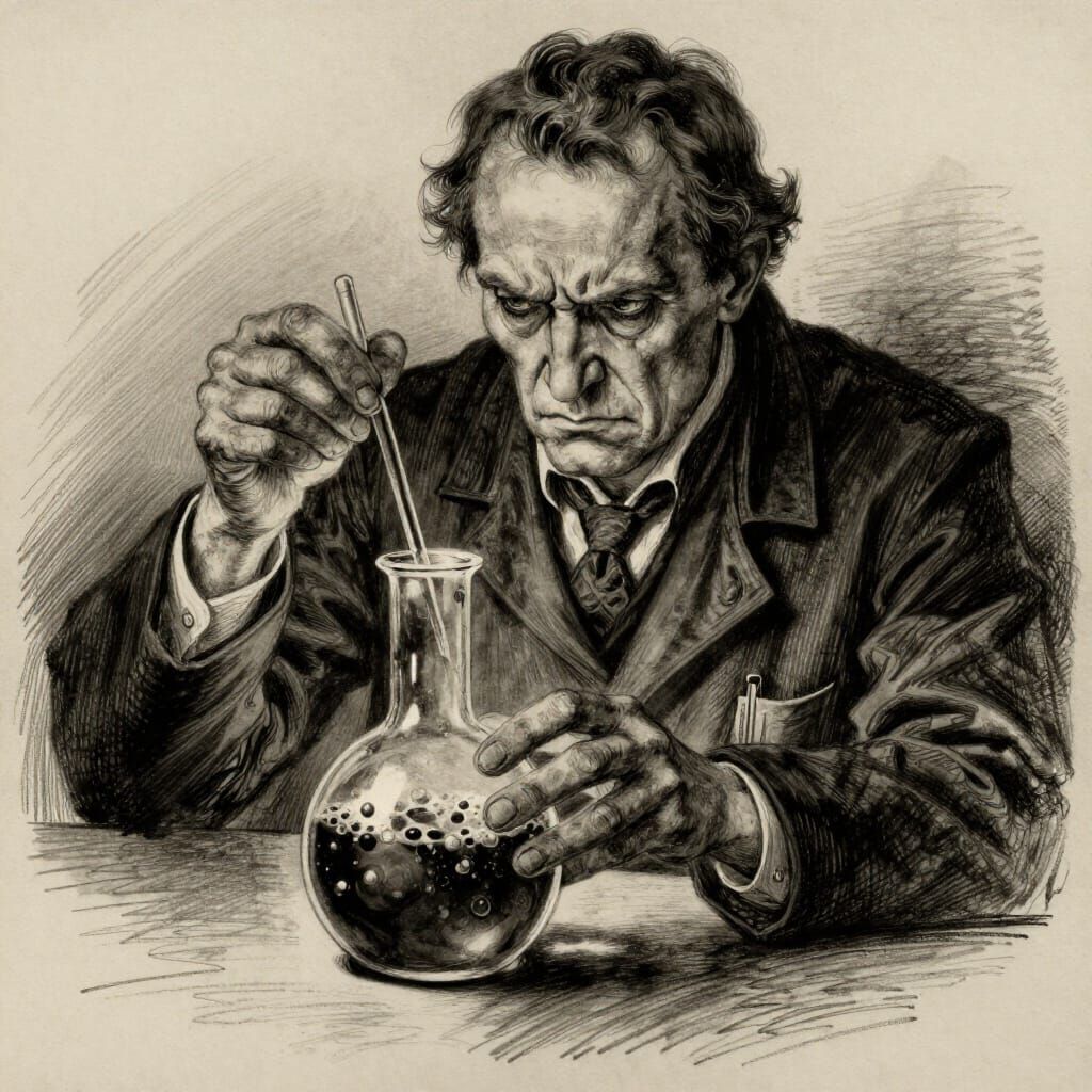 Grumpy Doctor Examines Eerie Medicine in Charcoal Style