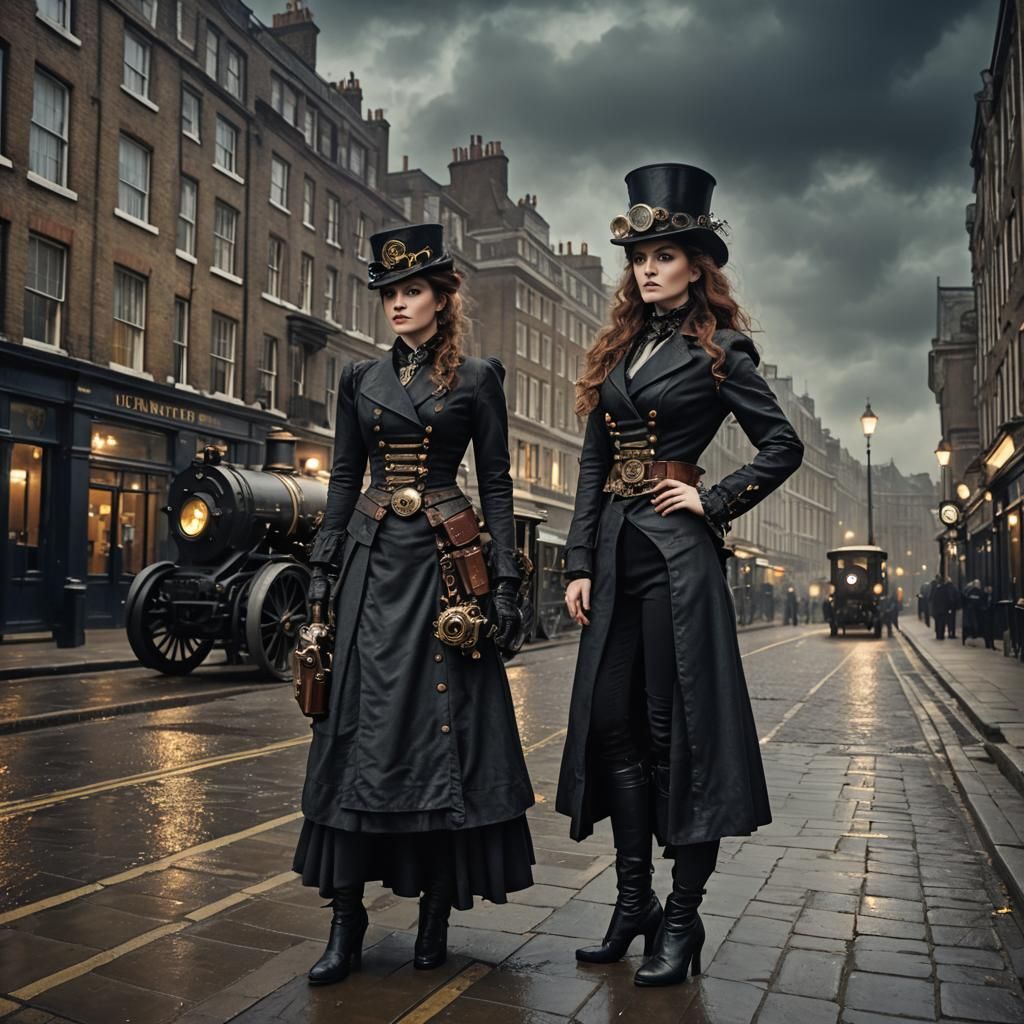 Victorian Woman in Steampunk London at Night