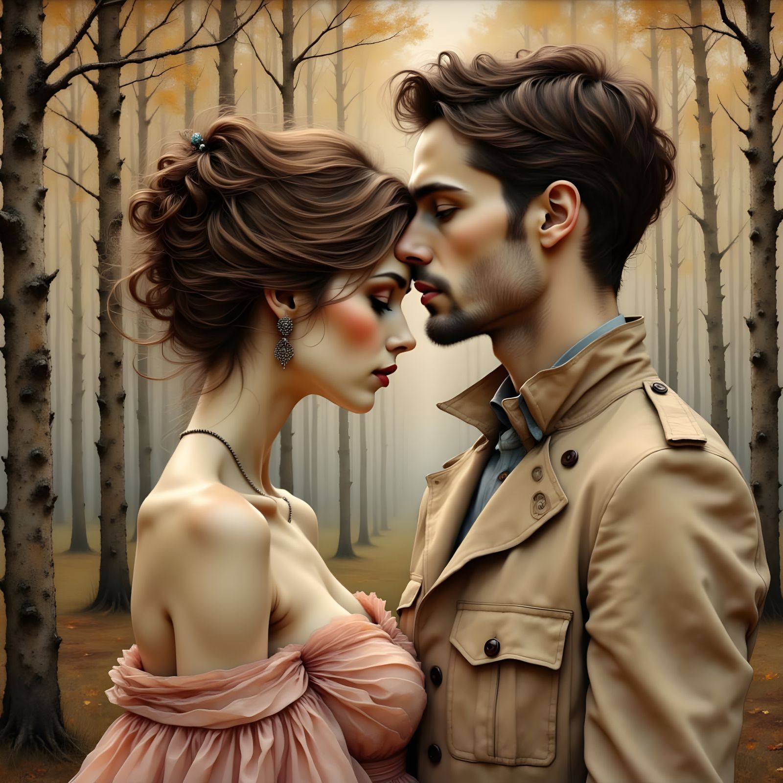 Serene Couple Embracing in a Warm Forest Glade