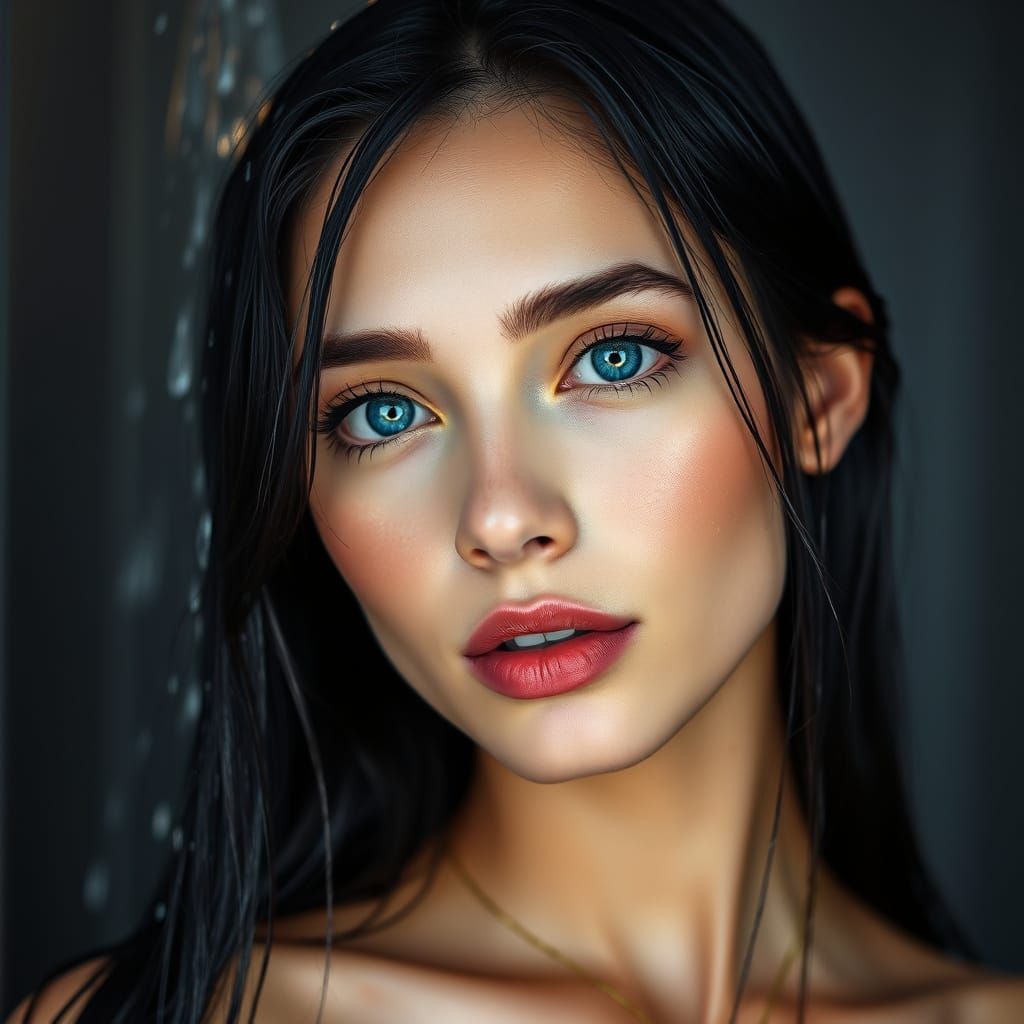 Woman's Portrait Under Shower Spray, Blue Eyes