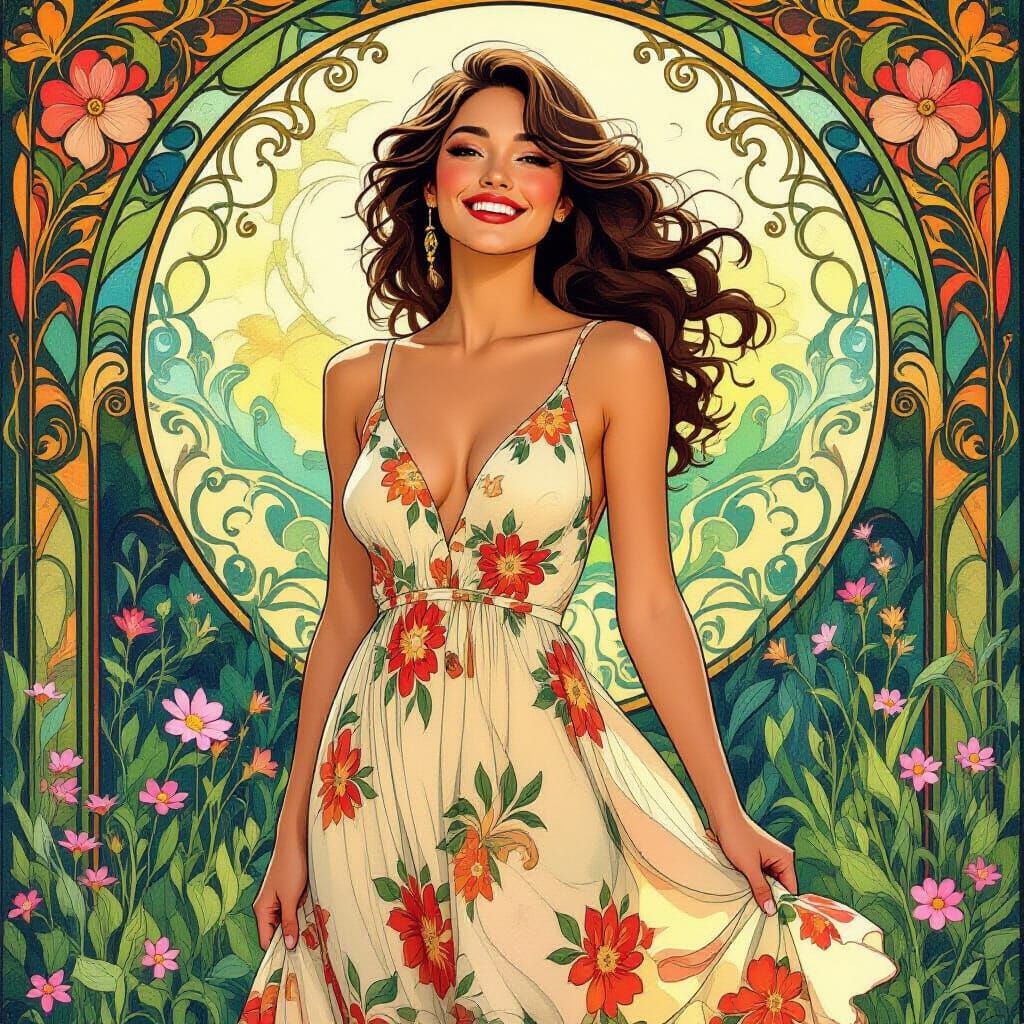 Woman in Sundress in Art Nouveau Style