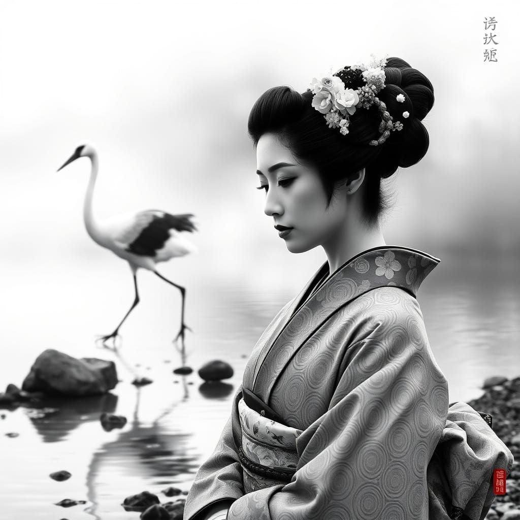 Serene Geisha on Shoreline in Japanese Ink Brush Style