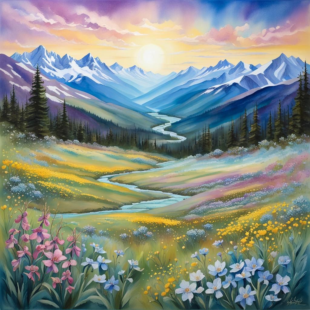 Grassy mountain valley with a long meandering stream, Snow C...