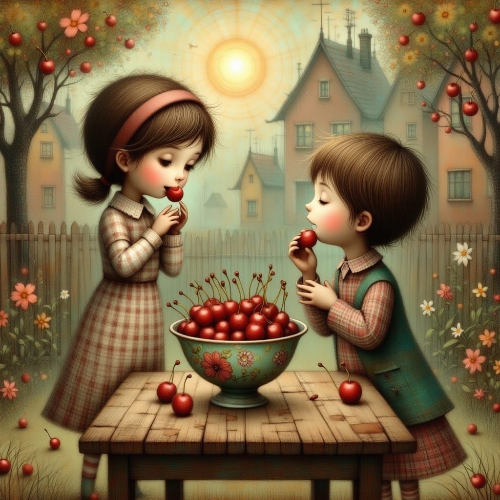 Charming Children Enjoy Cherries in a Whimsical Garden Setti...