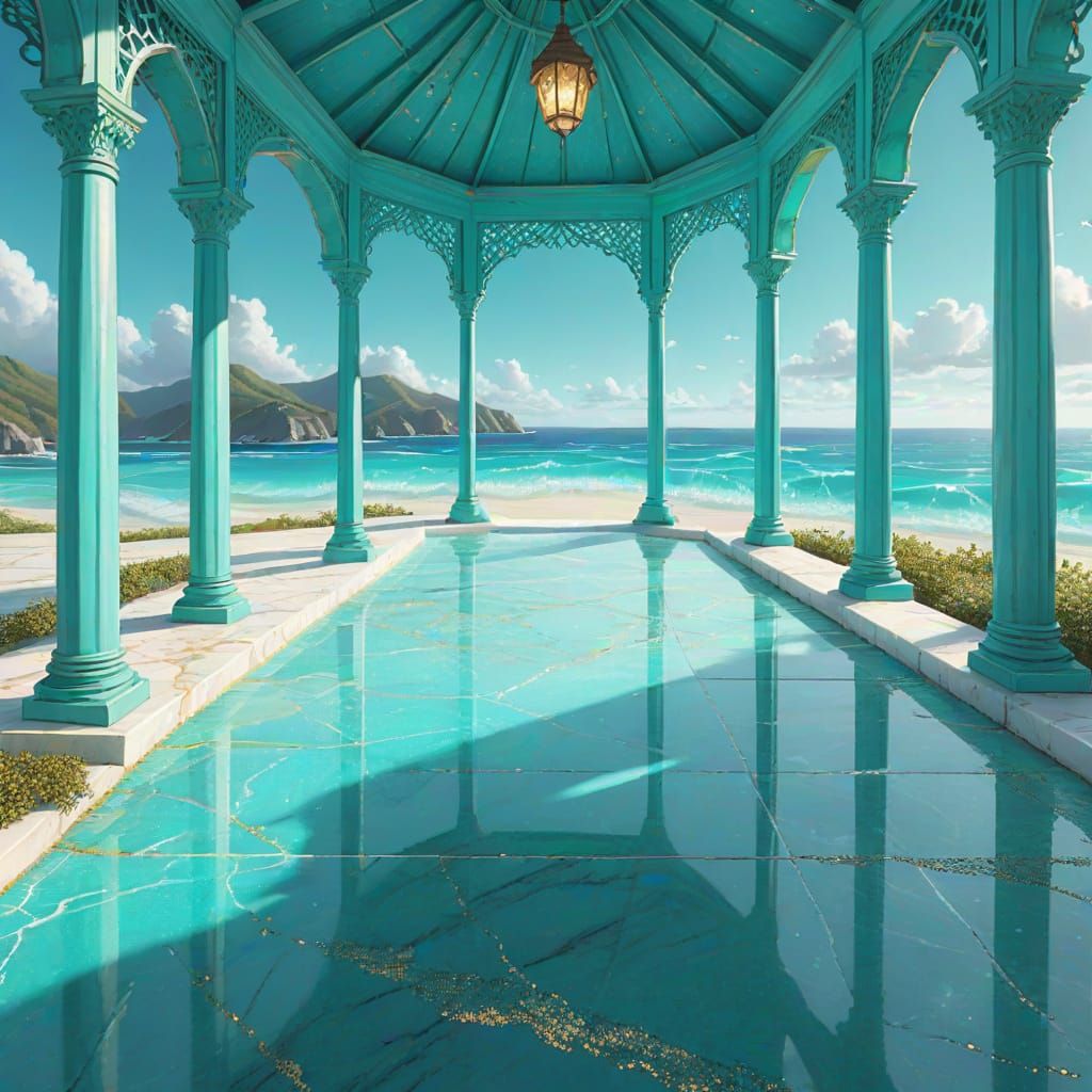 Turquoise Seaside Gazebo in Hyperrealistic Digital Art