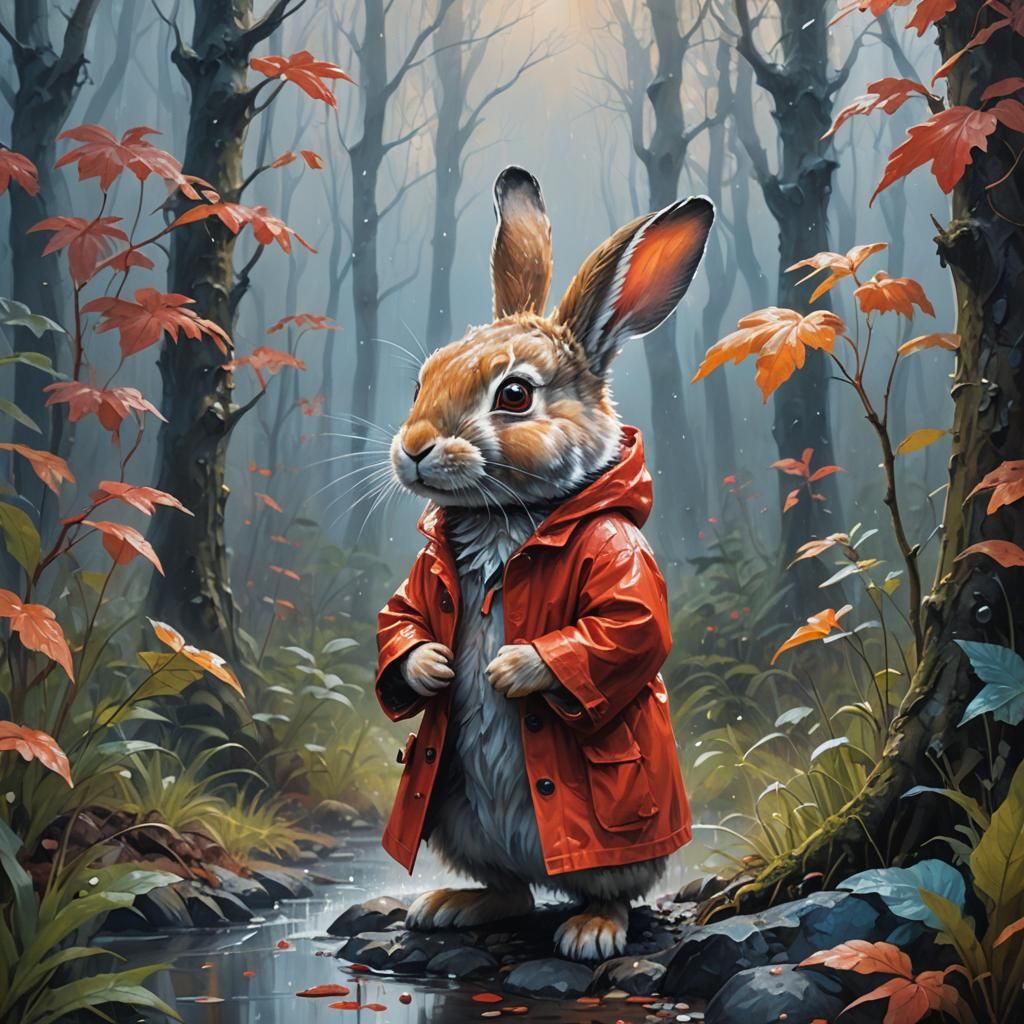 Rabbit in Red Raincoat: Whimsical Fantasy Art