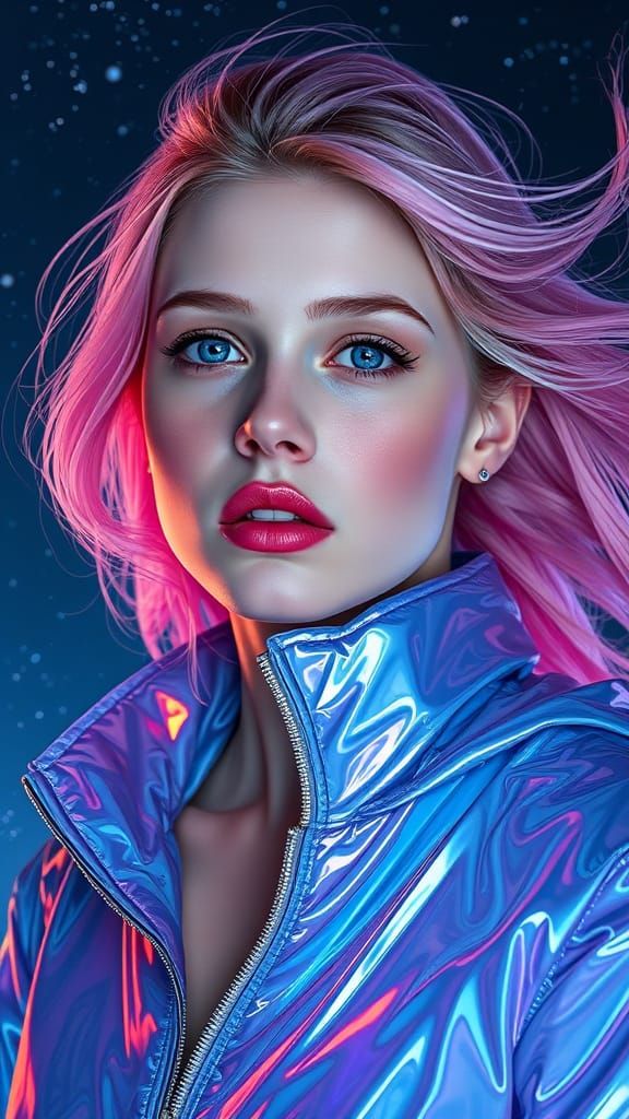 Hyperrealistic Portrait of a Young Woman in a Starry Night S...