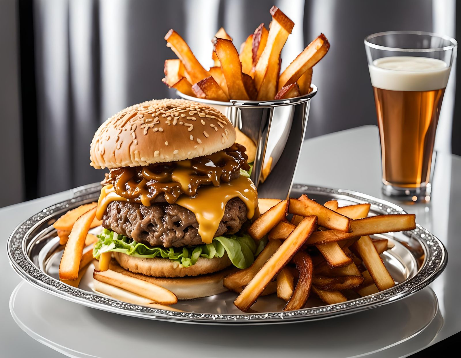 Luxurious Gourmet Burger with Fries in Hyperrealism