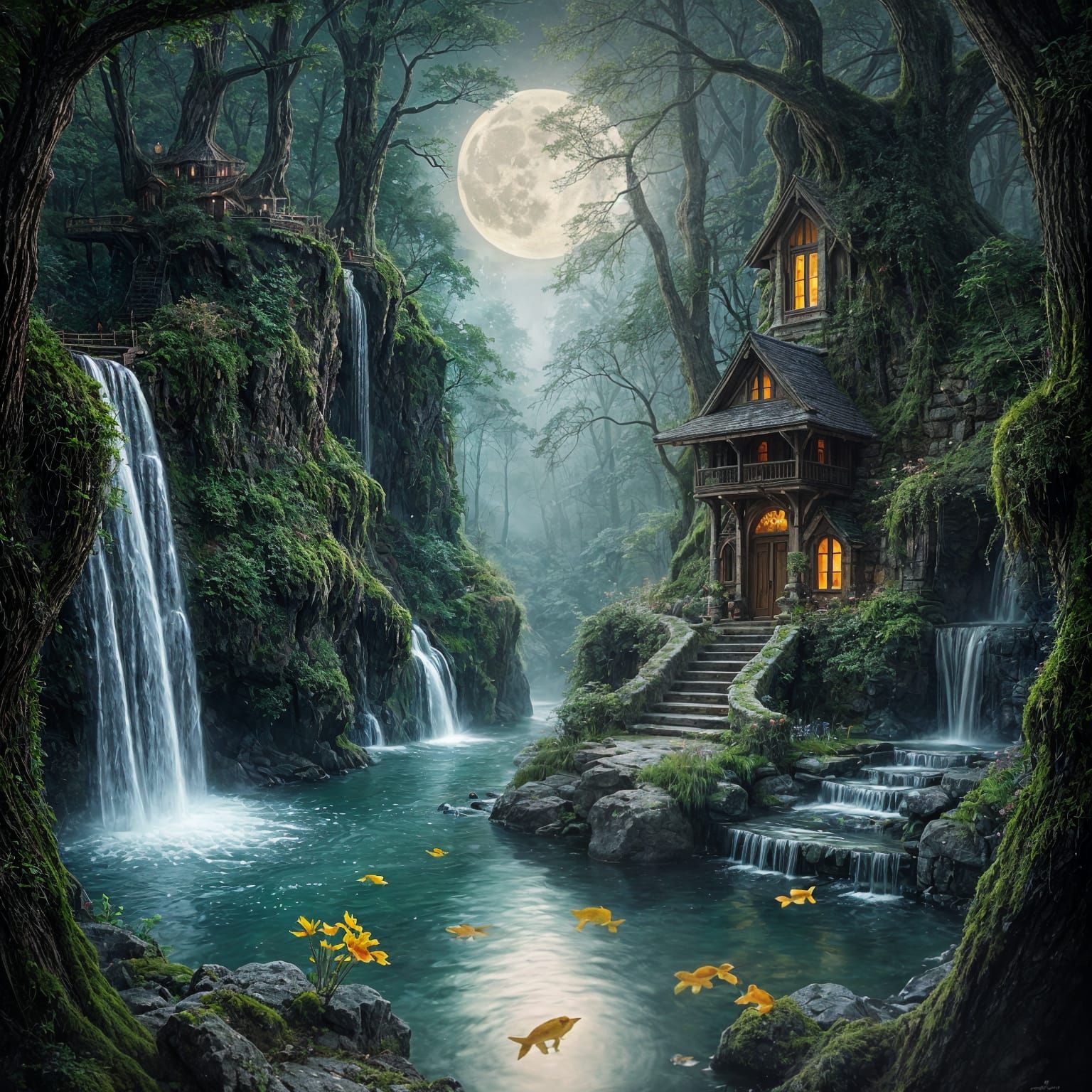 A serene elven sanctuary nestled deep within an ancient forest